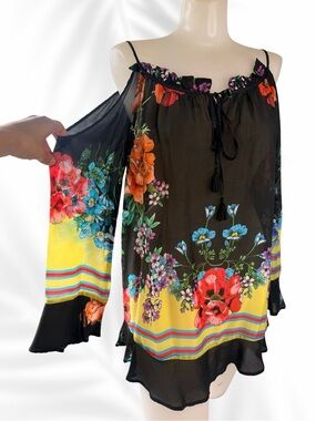 Johnny Was Black Cold Shoulder Floral Tunic with Yellow Border XS
